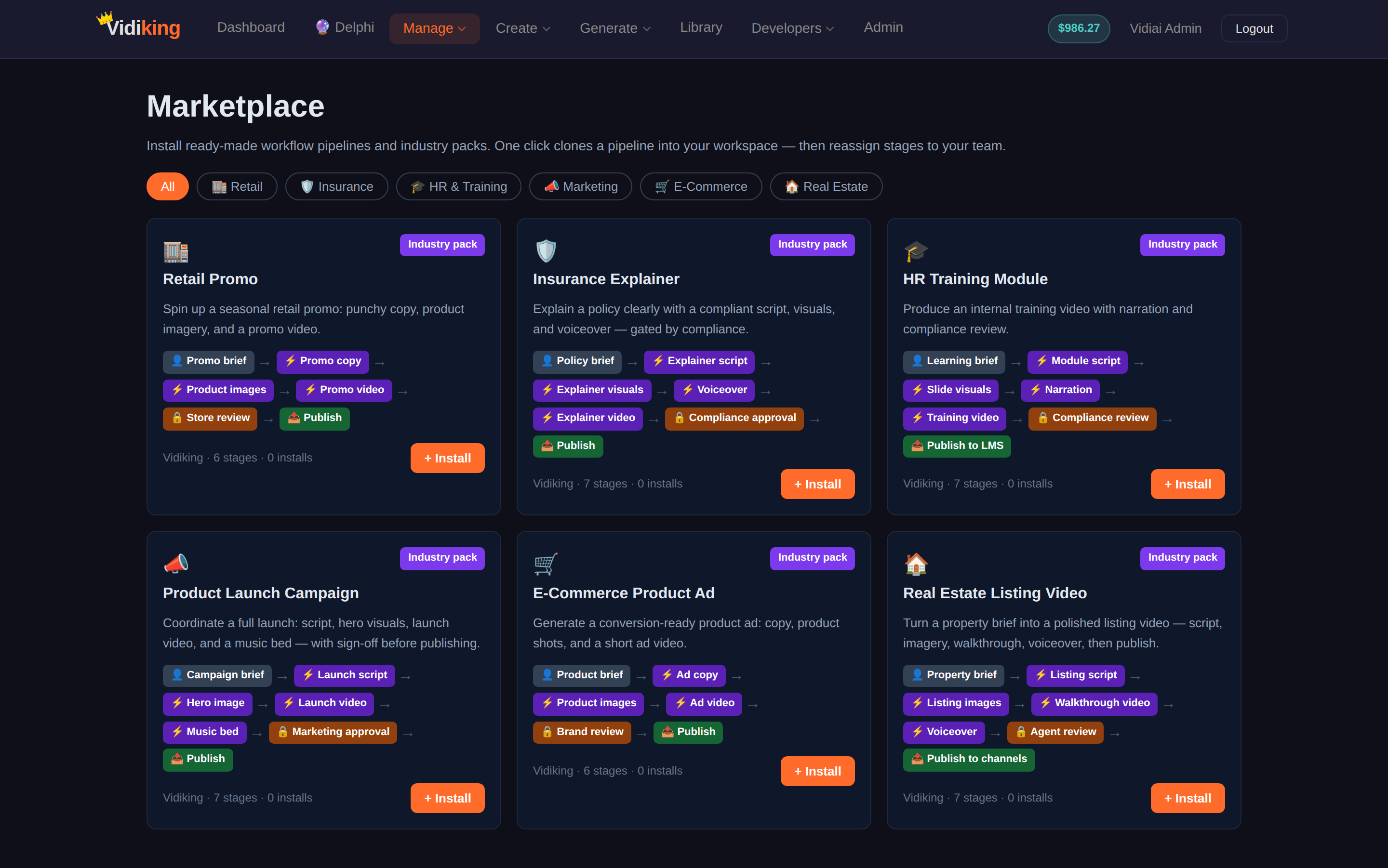 Marketplace of industry workflow packs